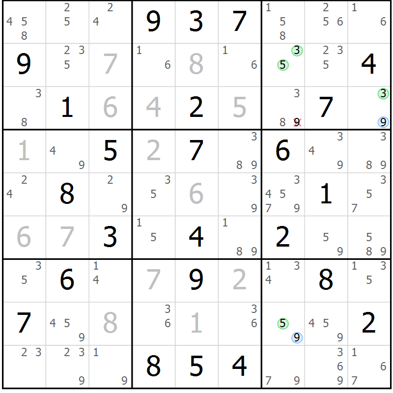 Position des candidats pour la solution de la Gr 33 page 36 du magazine de sudoku Sudoku Suprême n° 040