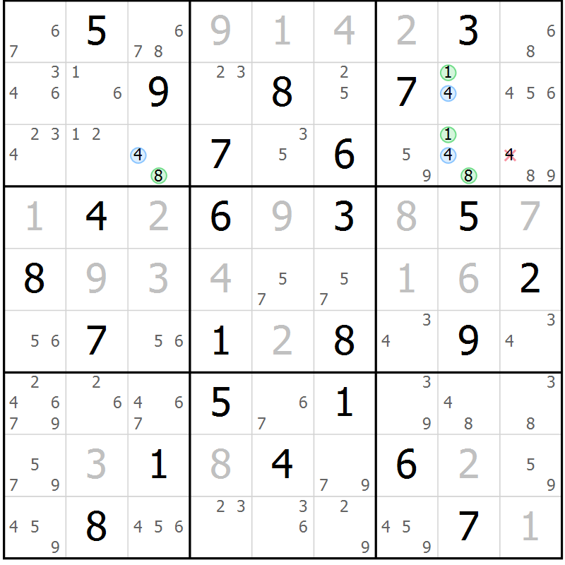 Position des candidats pour la solution de la Gr 36 page 39 du magazine de sudoku Sudoku Suprême n° 040