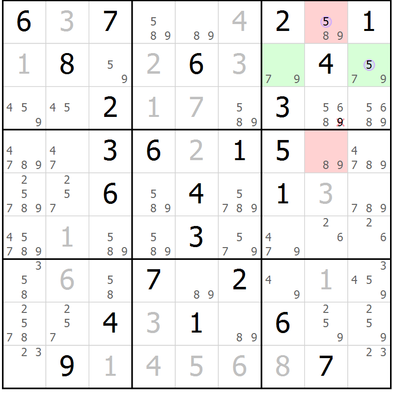 Position des candidats pour la solution de la Gr 43 page 46 du magazine de sudoku Sudoku Suprême n° 040