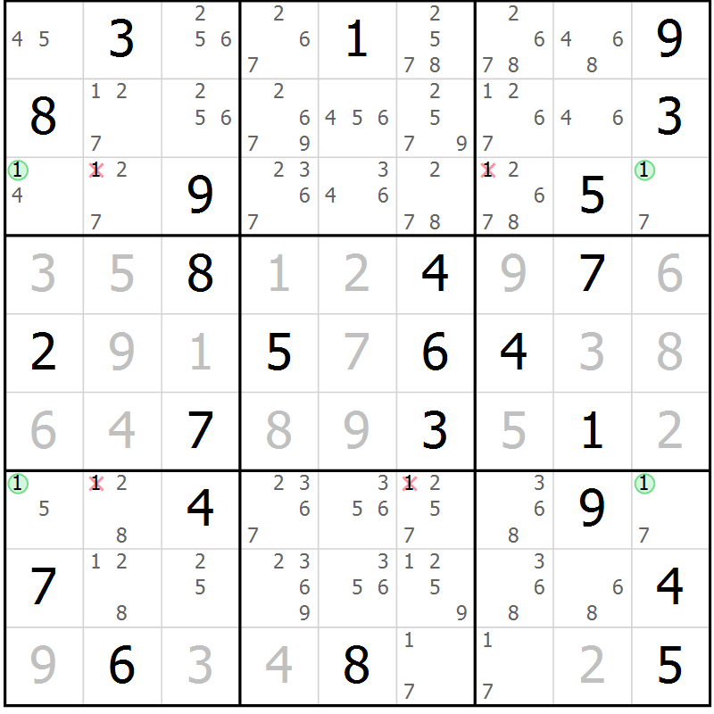 Position des candidats pour la solution de la Gr 45 page 48 du magazine de sudoku Sudoku Suprême n° 040