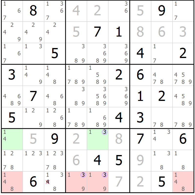 Position des candidats pour la solution de la Gr 46 page 49 du magazine de sudoku Sudoku Suprême n° 040