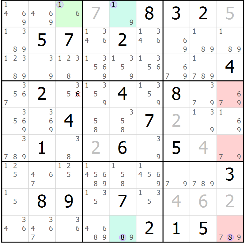 Position des candidats pour la solution de la Gr 5 page 8 du magazine de sudoku Sudoku Suprême n° 040