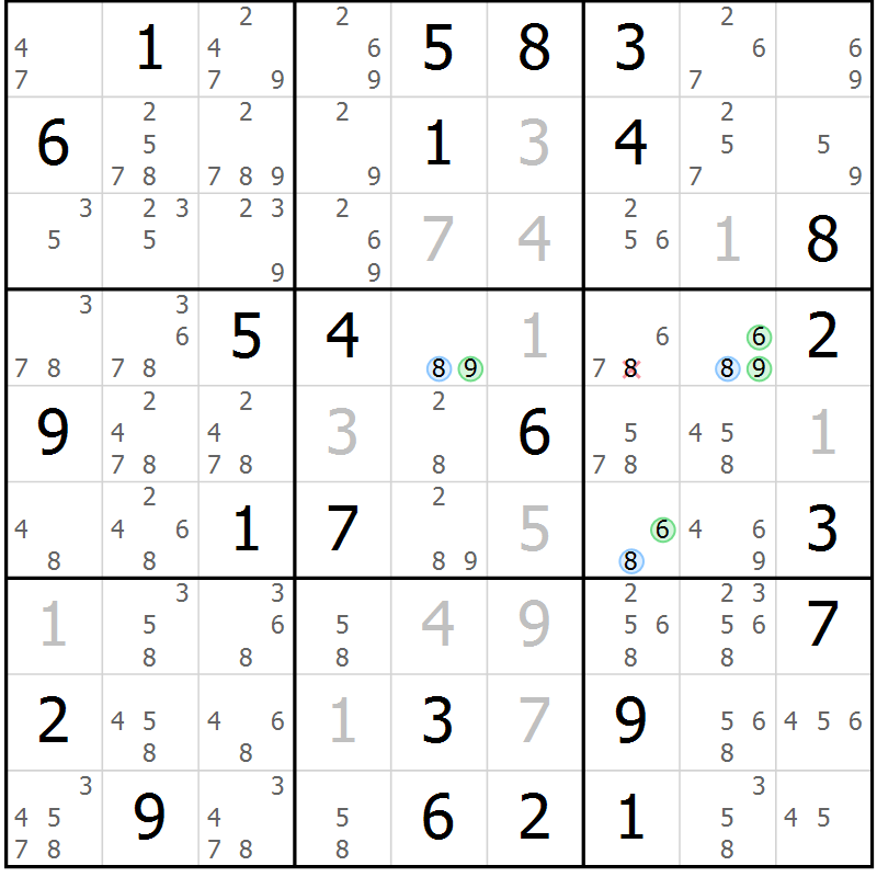 Position des candidats pour la solution de la Gr 55 page 58 du magazine de sudoku Sudoku Suprême n° 040
