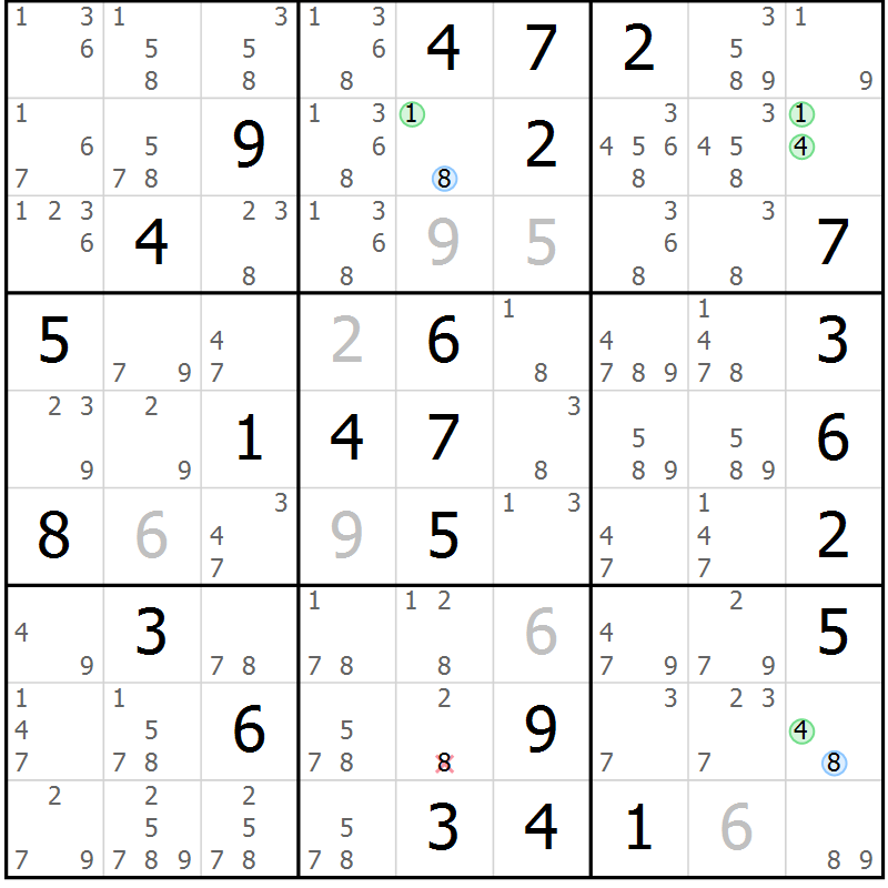 Position des candidats pour la solution de la Gr 57 page 60 du magazine de sudoku Sudoku Suprême n° 040