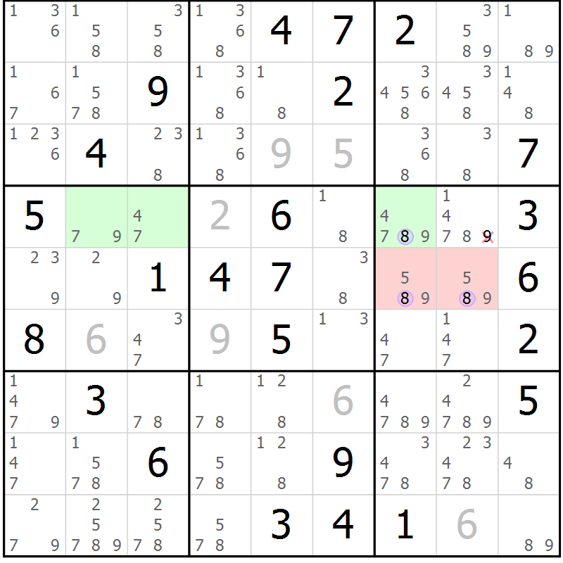 Position des candidats pour la solution de la Gr 57 page 60 du magazine de sudoku Sudoku Suprême n° 040