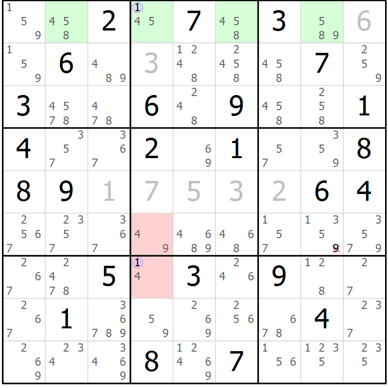 Position des candidats pour la solution de la Gr 59 page 62 du magazine de sudoku Sudoku Suprême n° 040