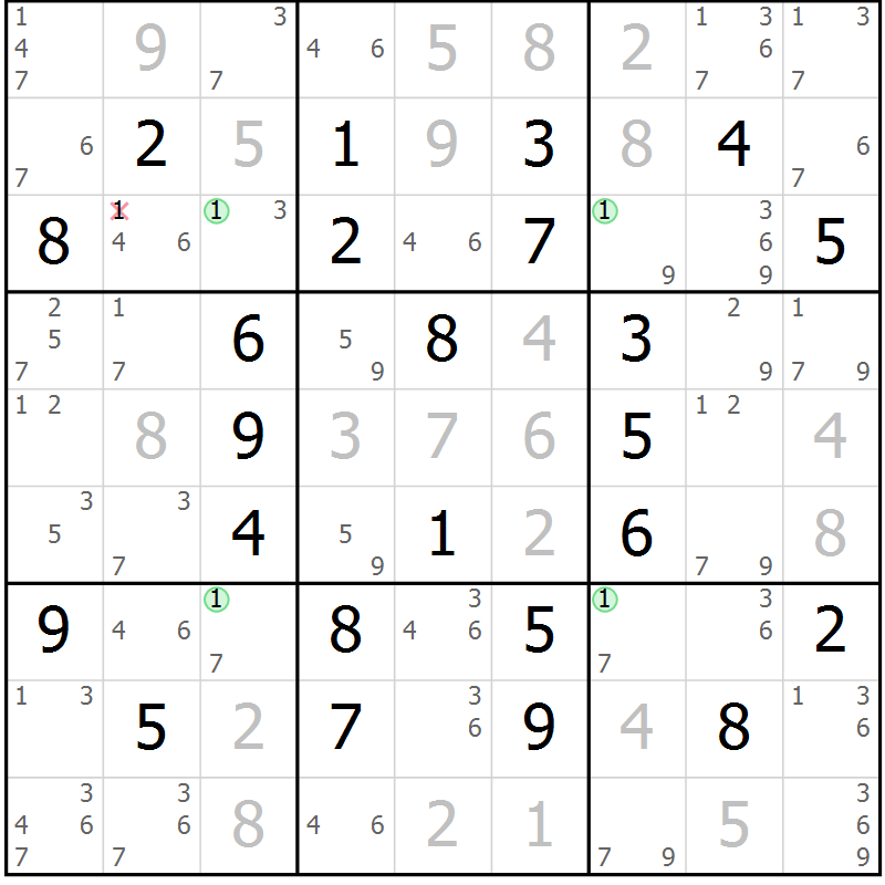 Position des candidats pour la solution de la Gr 70 page 73 du magazine de sudoku Sudoku Suprême n° 040