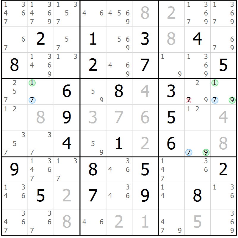 Position des candidats pour la solution de la Gr 70 page 73 du magazine de sudoku Sudoku Suprême n° 040