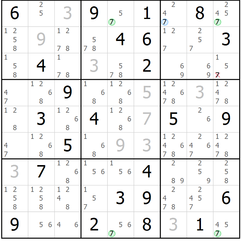 Position des candidats pour la solution de la Gr 72 page 75 du magazine de sudoku Sudoku Suprême n° 040