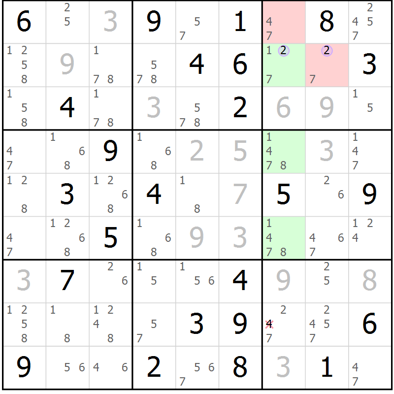 Position des candidats pour la solution de la Gr 72 page 75 du magazine de sudoku Sudoku Suprême n° 040