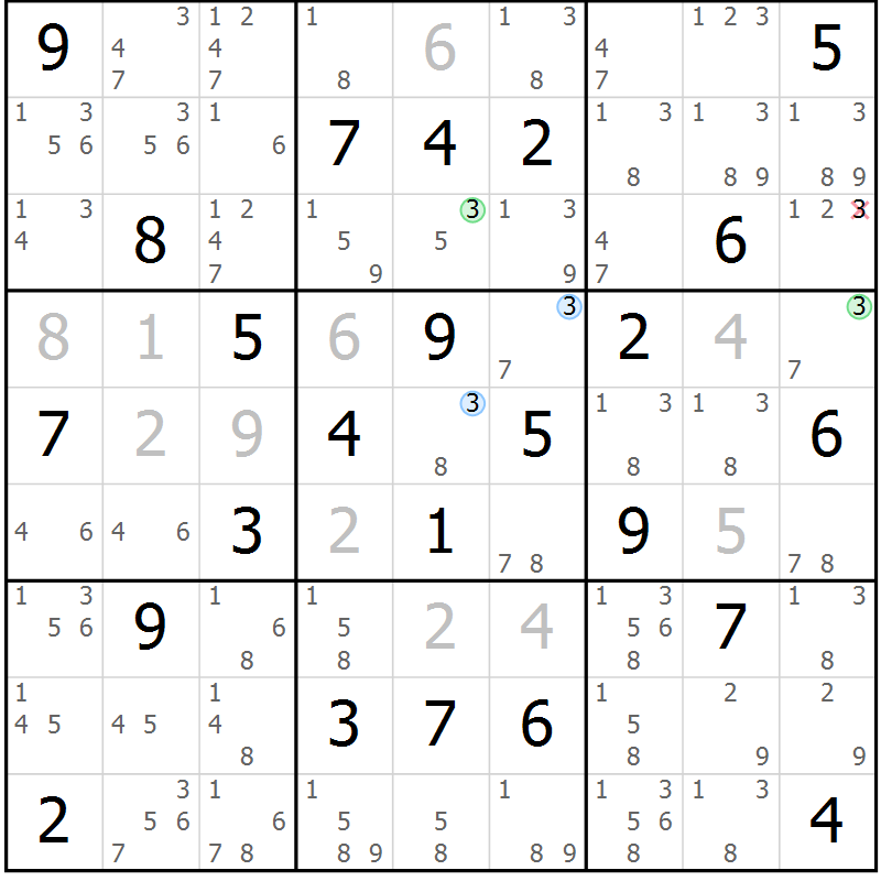 Position des candidats pour la solution de la Gr 74 page 77 du magazine de sudoku Sudoku Suprême n° 040