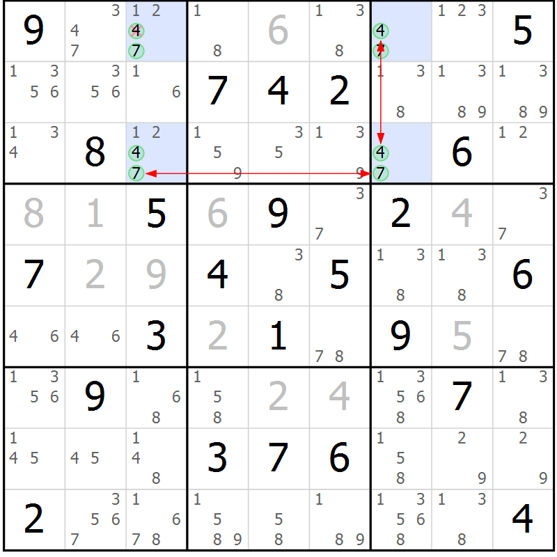 Position des candidats pour la solution de la Gr 74 page 77 du magazine de sudoku Sudoku Suprême n° 040