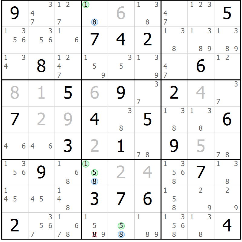 Position des candidats pour la solution de la Gr 74 page 77 du magazine de sudoku Sudoku Suprême n° 040