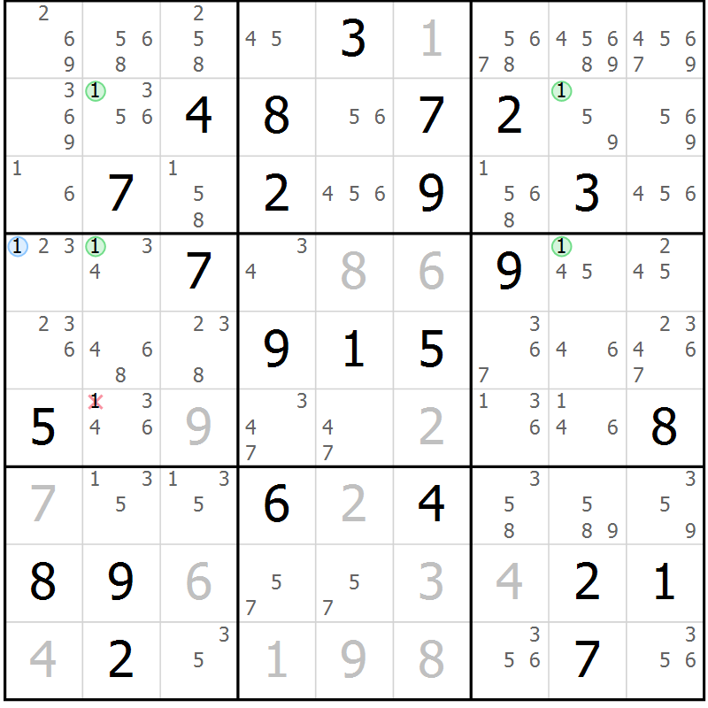 Position des candidats pour la solution de la Gr 79 page 82 du magazine de sudoku Sudoku Suprême n° 040