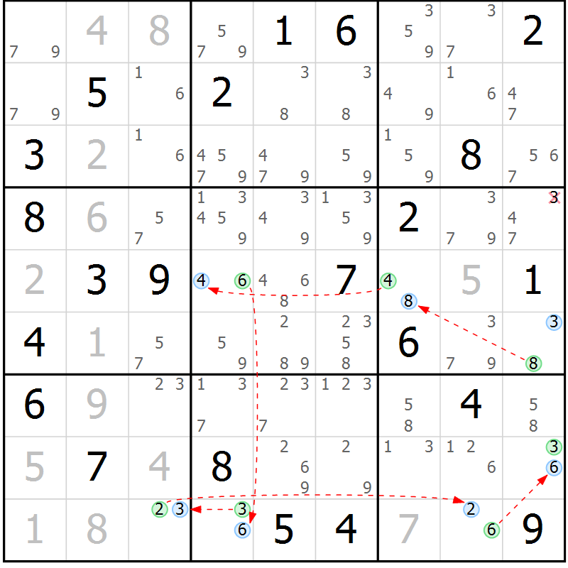 Position des candidats pour la solution de la Gr 8 page 11 du magazine de sudoku Sudoku Suprême n° 040