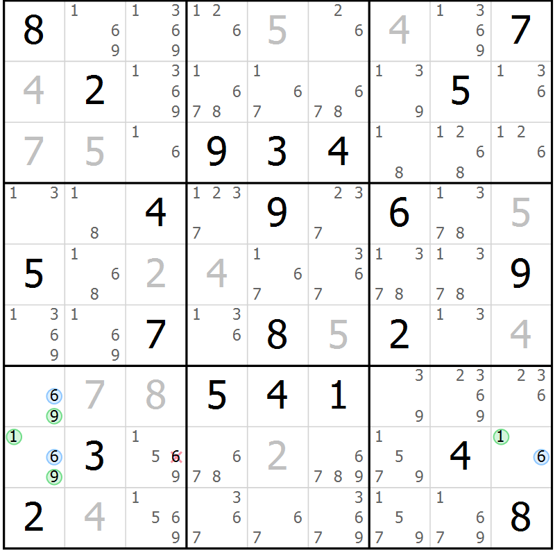 Position des candidats pour la solution de la Gr 9 page 12 du magazine de sudoku Sudoku Suprême n° 040