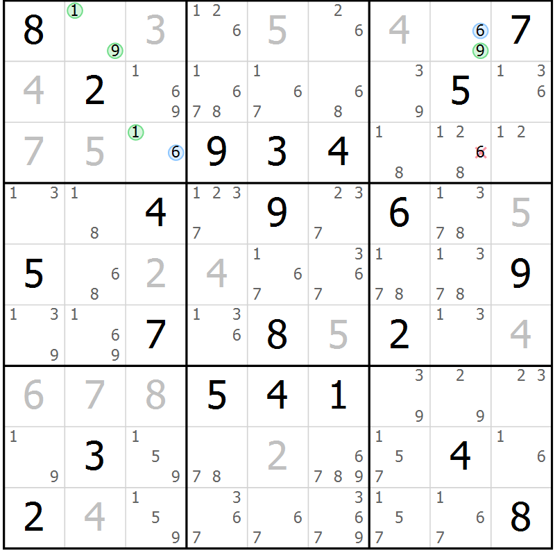 Position des candidats pour la solution de la Gr 9 page 12 du magazine de sudoku Sudoku Suprême n° 040