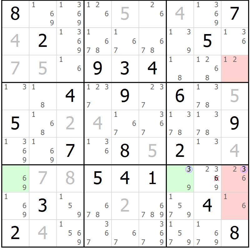 Position des candidats pour la solution de la Gr 9 page 12 du magazine de sudoku Sudoku Suprême n° 040