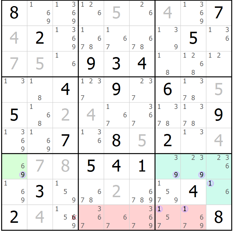 Position des candidats pour la solution de la Gr 9 page 12 du magazine de sudoku Sudoku Suprême n° 040