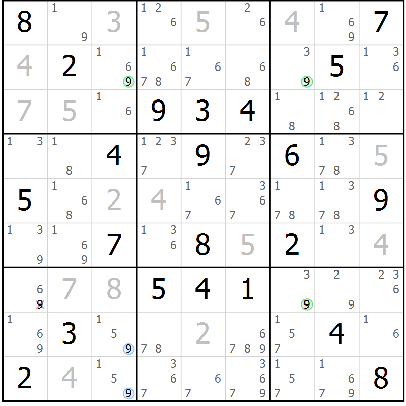 Position des candidats pour la solution de la Gr 9 page 12 du magazine de sudoku Sudoku Suprême n° 040