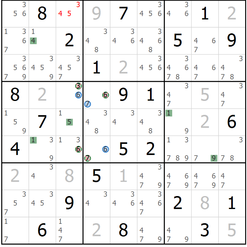 Position des candidats pour la solution de la Gr 10 page 13 du magazine de sudoku Sudoku Suprême n° 041
