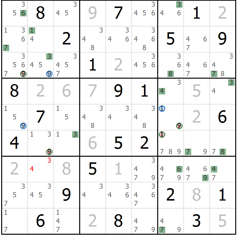 Position des candidats pour la solution de la Gr 10 page 13 du magazine de sudoku Sudoku Suprême n° 041