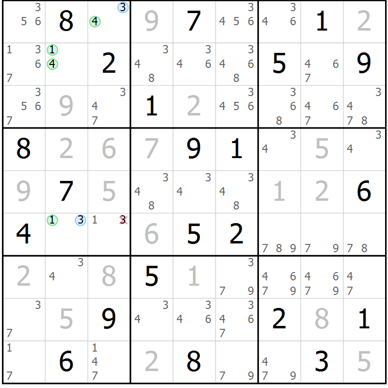 Position des candidats pour la solution de la Gr 10 page 13 du magazine de sudoku Sudoku Suprême n° 041