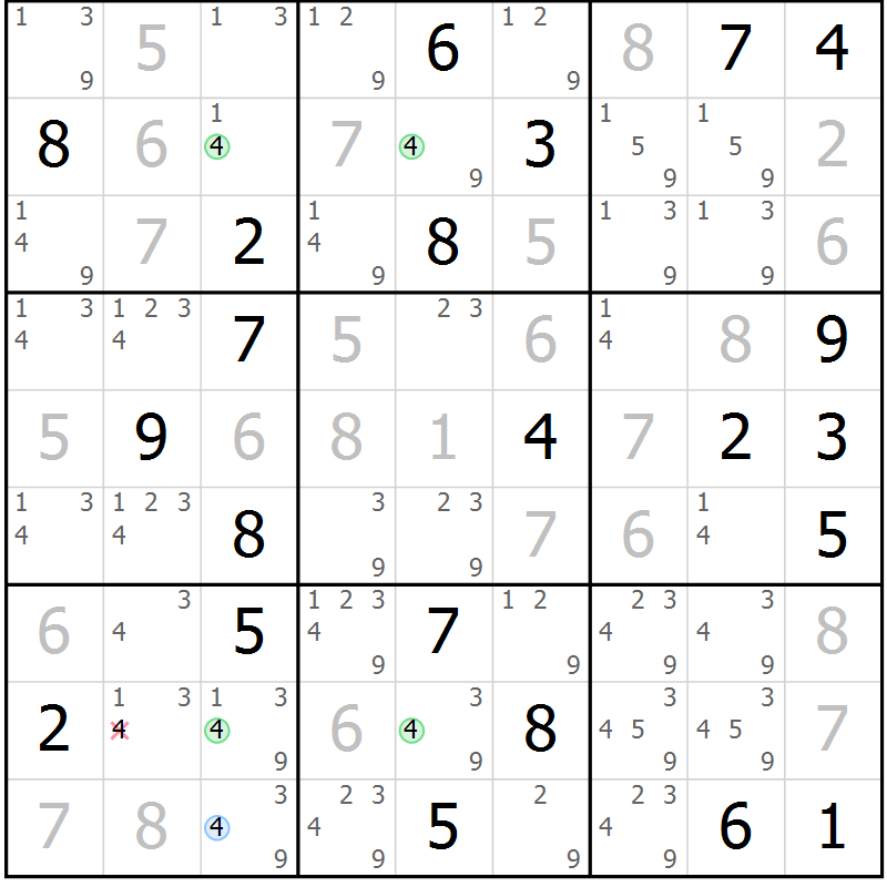 Position des candidats pour la solution de la Gr 11 page 14 du magazine de sudoku Sudoku Suprême n° 041