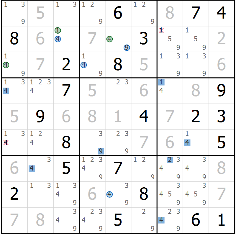 Position des candidats pour la solution de la Gr 11 page 14 du magazine de sudoku Sudoku Suprême n° 041