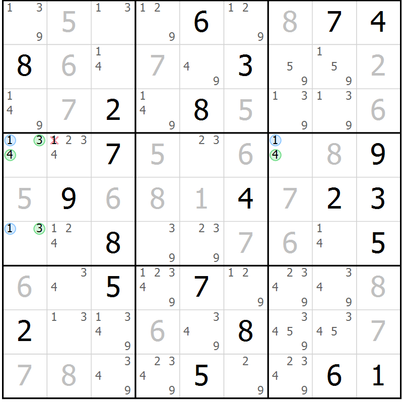 Position des candidats pour la solution de la Gr 11 page 14 du magazine de sudoku Sudoku Suprême n° 041