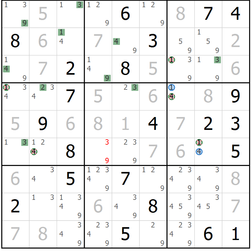 Position des candidats pour la solution de la Gr 11 page 14 du magazine de sudoku Sudoku Suprême n° 041