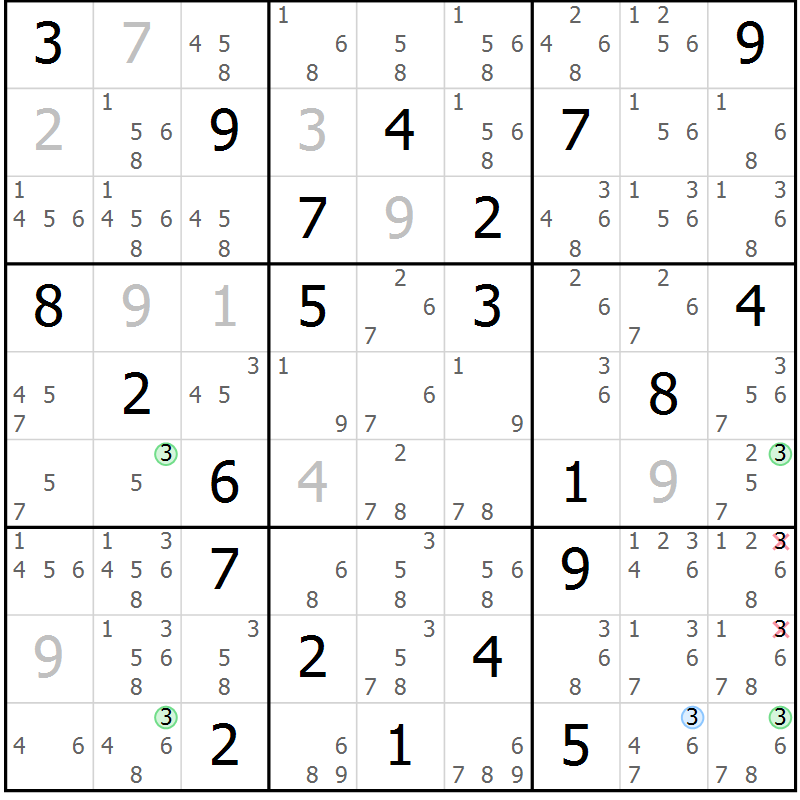 Position des candidats pour la solution de la Gr 15 page 18 du magazine de sudoku Sudoku Suprême n° 041