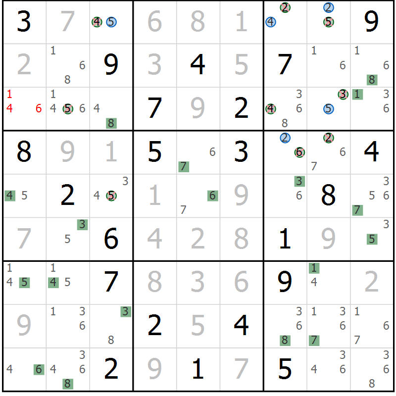Position des candidats pour la solution de la Gr 15 page 18 du magazine de sudoku Sudoku Suprême n° 041