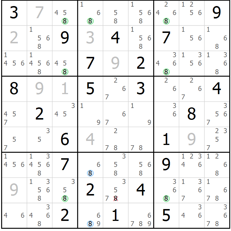 Position des candidats pour la solution de la Gr 15 page 18 du magazine de sudoku Sudoku Suprême n° 041