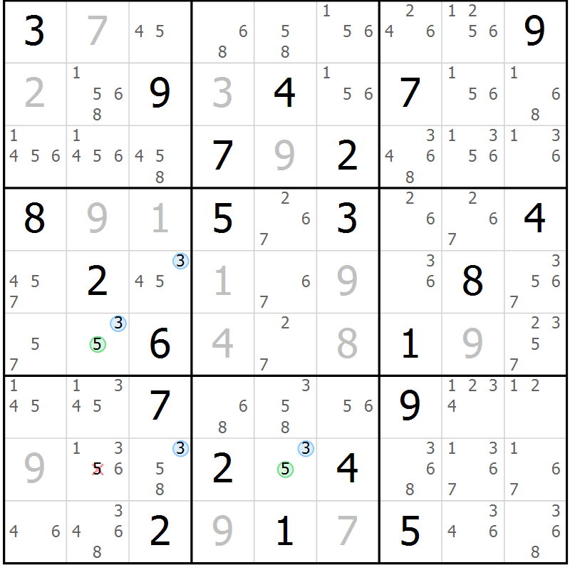 Position des candidats pour la solution de la Gr 15 page 18 du magazine de sudoku Sudoku Suprême n° 041