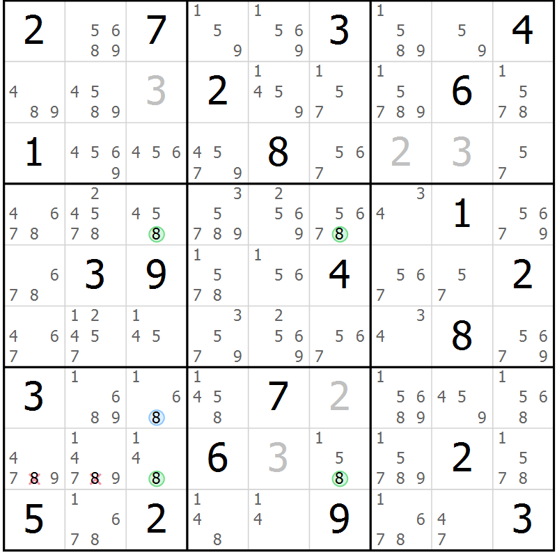 Position des candidats pour la solution de la Gr 18 page 21 du magazine de sudoku Sudoku Suprême n° 041