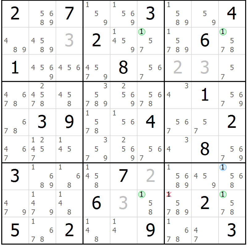 Position des candidats pour la solution de la Gr 18 page 21 du magazine de sudoku Sudoku Suprême n° 041