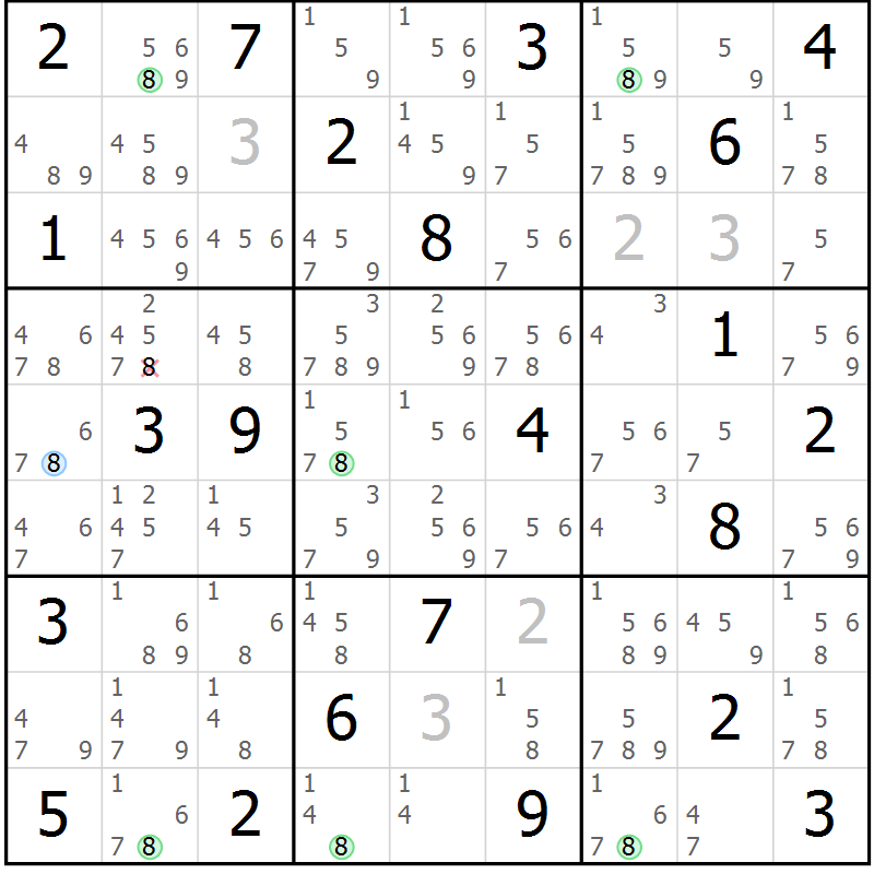 Position des candidats pour la solution de la Gr 18 page 21 du magazine de sudoku Sudoku Suprême n° 041