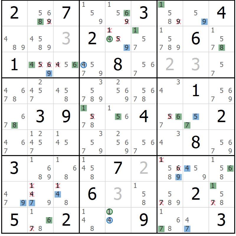 Position des candidats pour la solution de la Gr 18 page 21 du magazine de sudoku Sudoku Suprême n° 041
