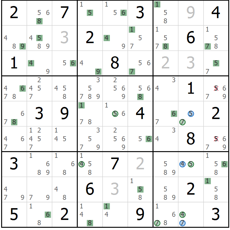 Position des candidats pour la solution de la Gr 18 page 21 du magazine de sudoku Sudoku Suprême n° 041