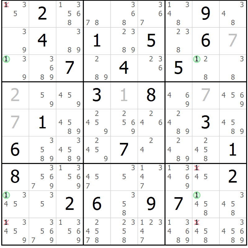 Position des candidats pour la solution de la Gr 20 page 23 du magazine de sudoku Sudoku Suprême n° 041