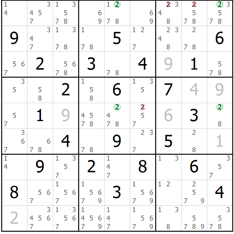 Position des candidats pour la solution de la Gr 22 page 25 du magazine de sudoku Sudoku Suprême n° 041