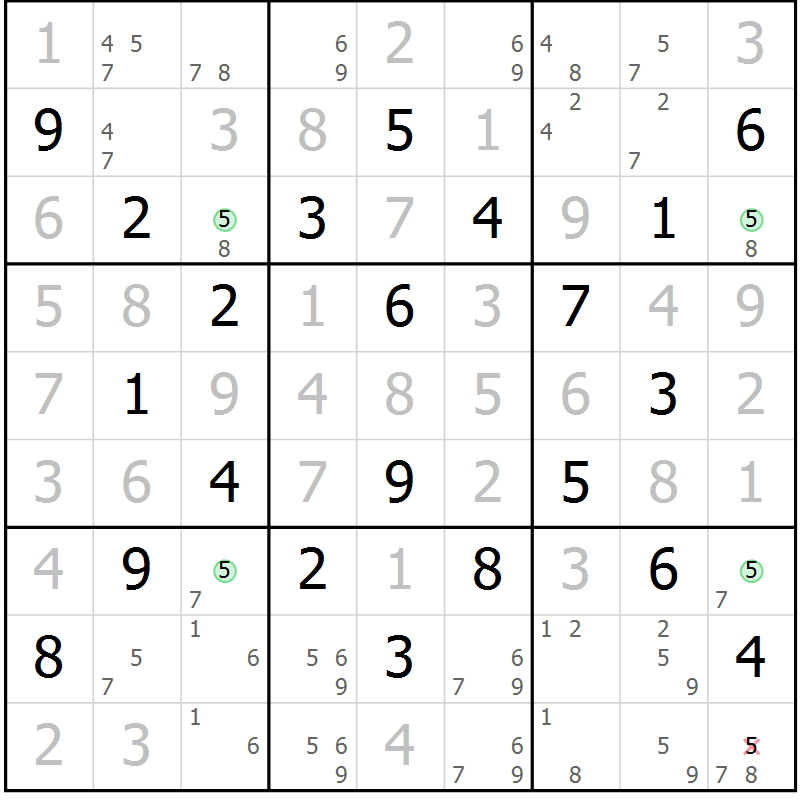 Position des candidats pour la solution de la Gr 22 page 25 du magazine de sudoku Sudoku Suprême n° 041