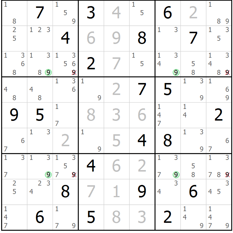 Position des candidats pour la solution de la Gr 25 page 28 du magazine de sudoku Sudoku Suprême n° 041