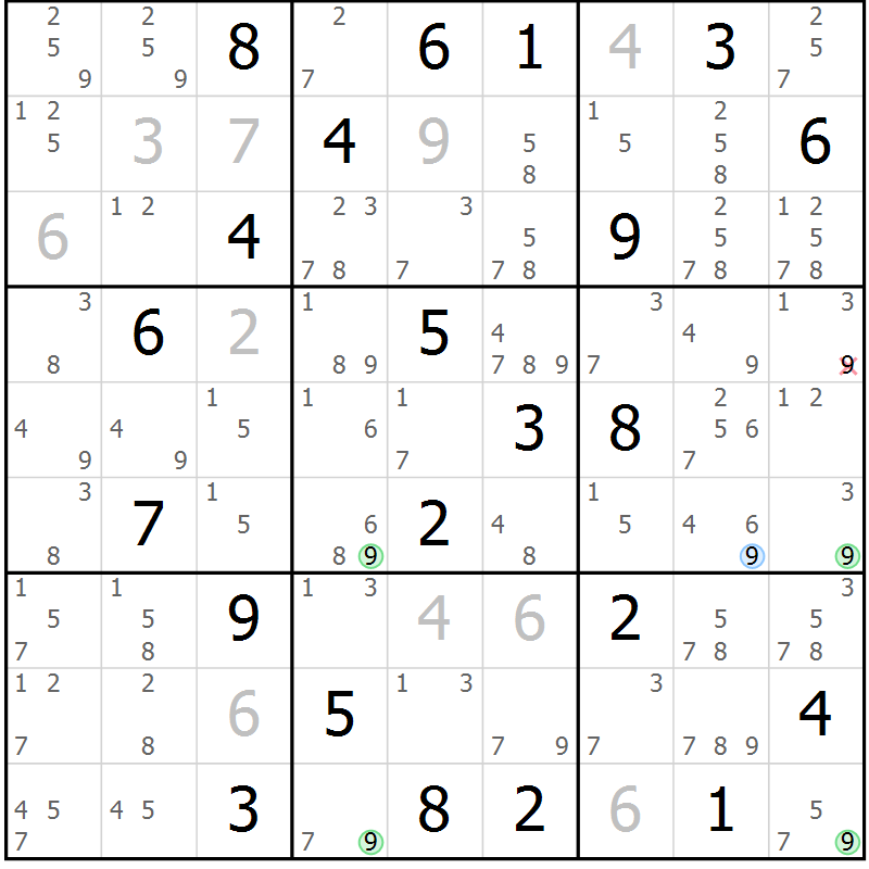 Position des candidats pour la solution de la Gr 26 page 29 du magazine de sudoku Sudoku Suprême n° 041