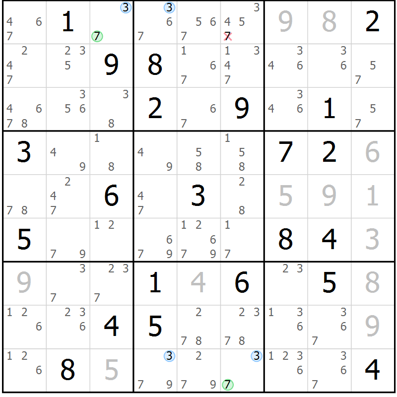 Position des candidats pour la solution de la Gr 28 page 31 du magazine de sudoku Sudoku Suprême n° 041