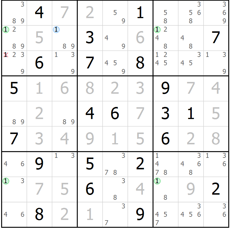 Position des candidats pour la solution de la Gr 30 page 33 du magazine de sudoku Sudoku Suprême n° 041