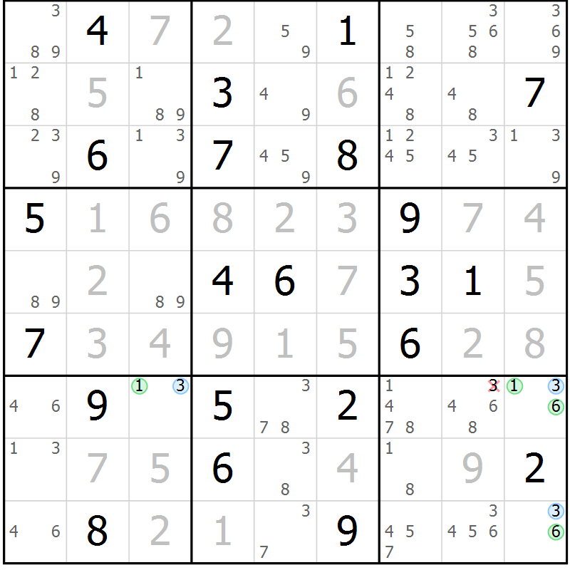 Position des candidats pour la solution de la Gr 30 page 33 du magazine de sudoku Sudoku Suprême n° 041