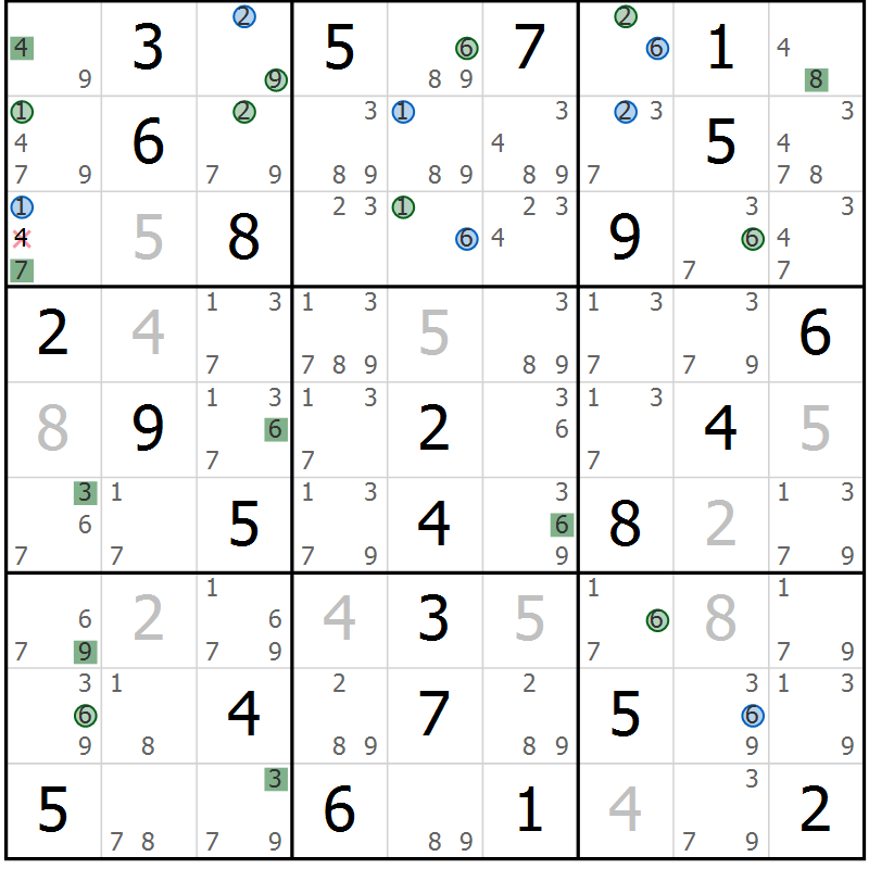 Position des candidats pour la solution de la Gr 33 page 36 du magazine de sudoku Sudoku Suprême n° 041