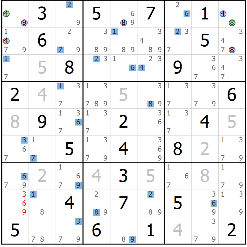 Position des candidats pour la solution de la Gr 33 page 36 du magazine de sudoku Sudoku Suprême n° 041